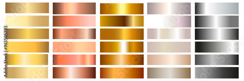 Gold rose, silver, bronze, copper and golden foil texture gradation background set. Vector shiny and gradient collection for border, frame