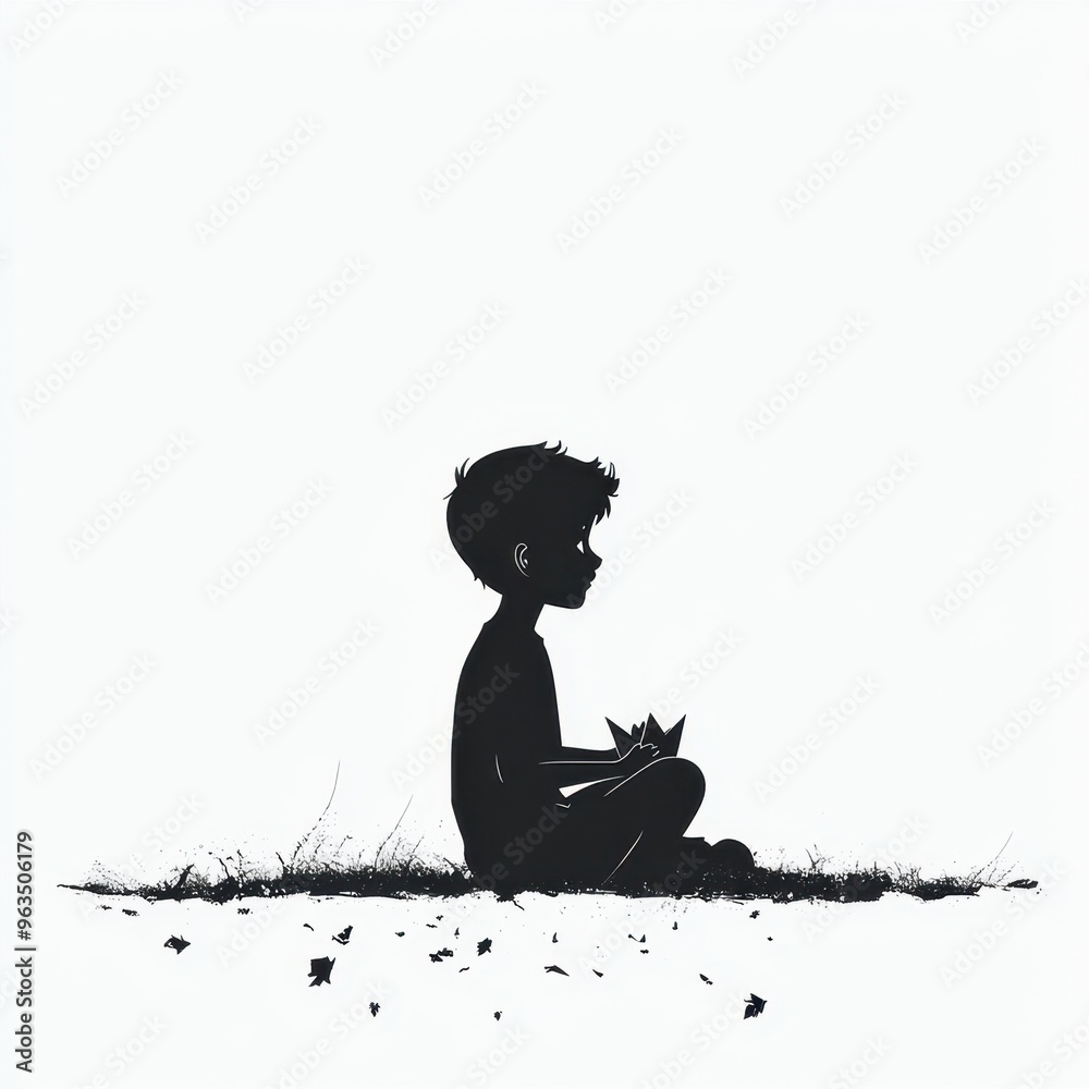Silhouette of a child sitting outdoors with a paper boat Silhouette of a child sitting outdoors with a paper boat