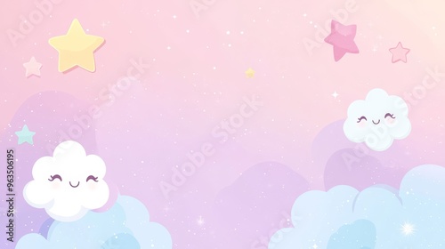 Imagine a pastel landscape with fluffy clouds in a serene blue sky and twinkling stars above, creating a mesmerizing, romantic atmosphere filled with wonder and charm that captivates the heart