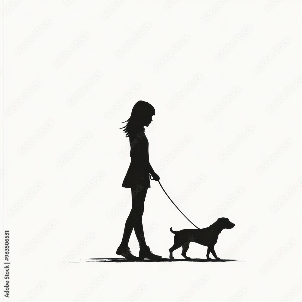 Silhouette of woman walking her dog: peaceful outdoor stroll Silhouette of woman walking her dog: peaceful outdoor stroll