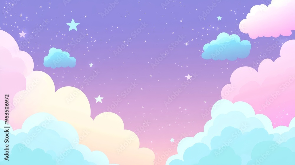 A serene and tranquil, pastelcolored sky is filled with fluffy, white clouds and sparkling glittering stars, making it perfect for evoking a dreamy, romantic atmosphere that enchants the soul A serene and tranquil, pastelcolored sky is filled with fluffy, white clouds and sparkling glittering stars, making it perfect for evoking a dreamy, romantic atmosphere that enchants the soul