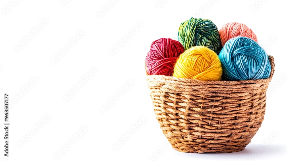 Colorful Yarn Balls in Wicker Basket Craft Supplies Knitting Crocheting Colorful Yarn Balls in Wicker Basket Craft Supplies Knitting Crocheting
