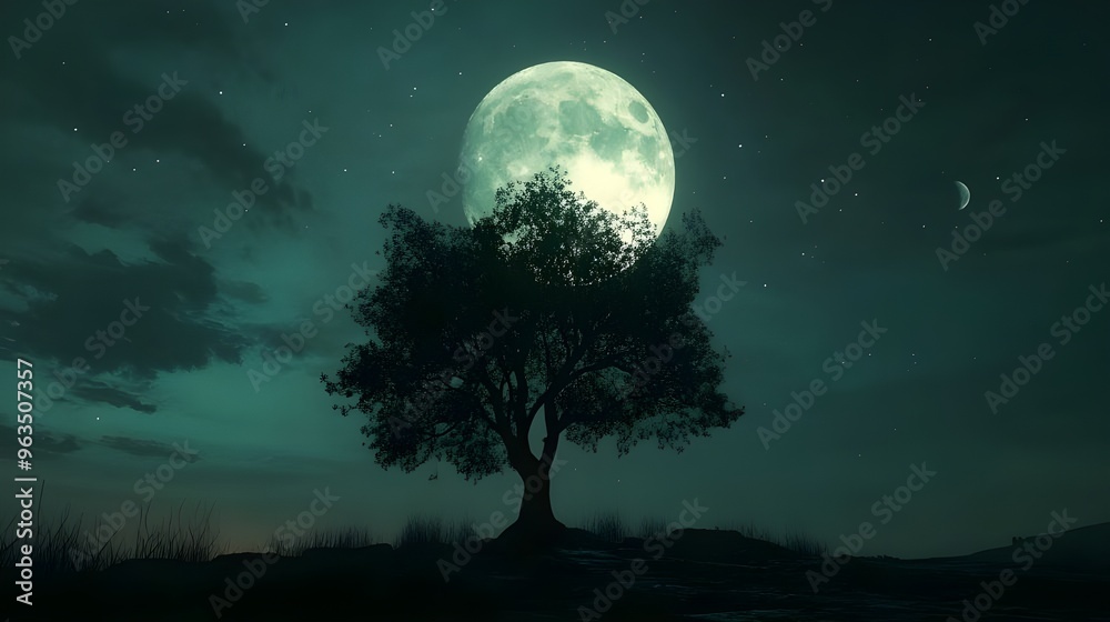 Tree silhouette in 3D with a stunning cosmic space view image Tree silhouette in 3D with a stunning cosmic space view image
