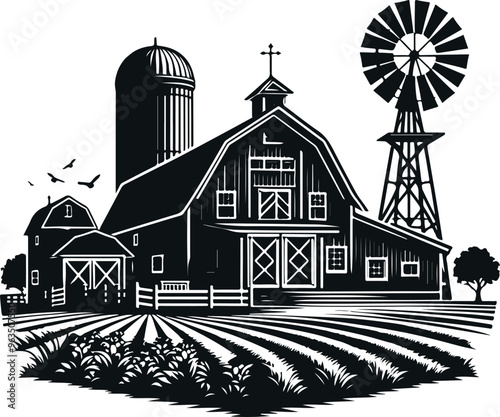 Monochrome Cosmonaut Farm with Barn and Windmill Black Color silhouette vector Illustration