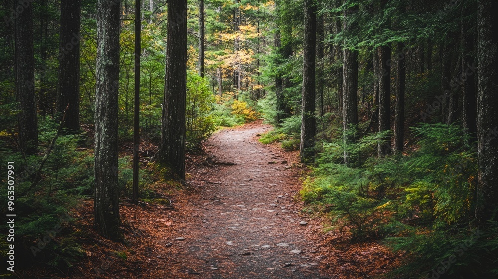 Fototapeta premium Forest Path Winding Through Tall Trees