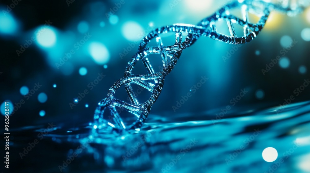 A 3D of a DNA molecule, a double helix, immersed in water. The image symbolizes the origins of life, genetic code, scientific discovery, and the power of nature. A 3D of a DNA molecule, a double helix, immersed in water. The image symbolizes the origins of life, genetic code, scientific discovery, and the power of nature.