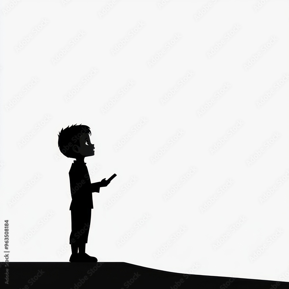 Silhouetted child stands alone on hilltop contemplating the horizon Silhouetted child stands alone on hilltop contemplating the horizon