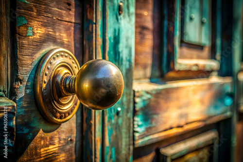 A door with a gold knob and a green door frame