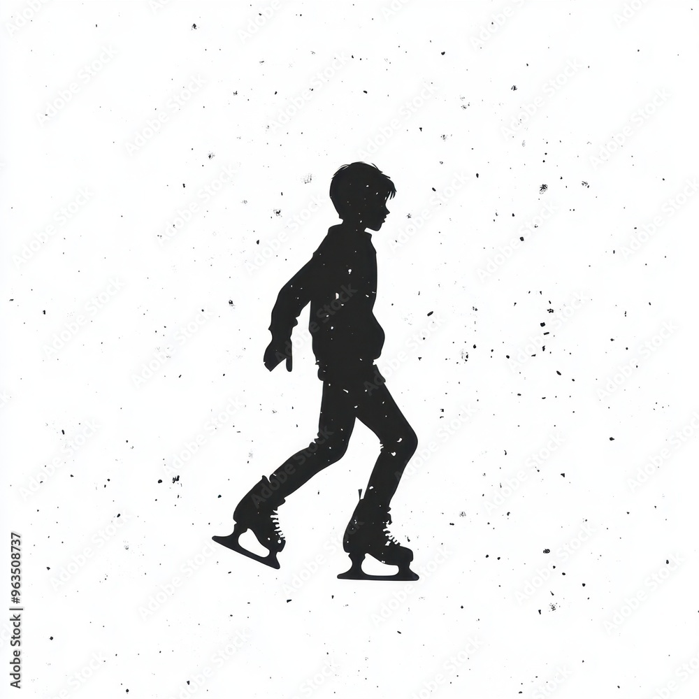 Silhouette of child ice skating on speckled white background Silhouette of child ice skating on speckled white background