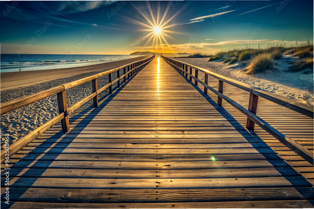 Obraz premium A long wooden boardwalk leading to the beach. The sun is shining brightly, casting a warm glow on the scene. The beach is empty, with only a few people scattered along the shoreline
