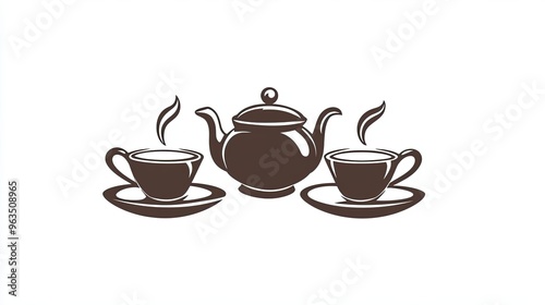 Traditional Chinese Tea Shop Logo Featuring Teapot and Cups With Steaming Tea