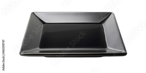 Rectangular glossy black ceramic plate with a smooth surface and modern design, ideal for elegant dining or serving presentations. Isolated on transparent background, png. photo