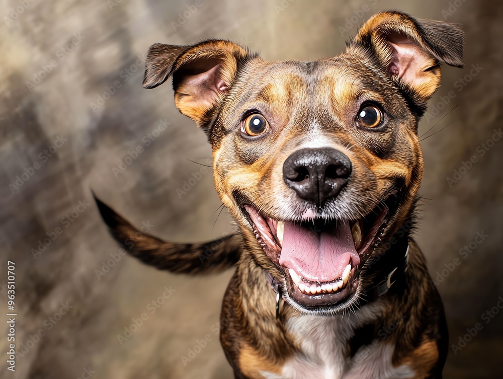 A joyful dog with a big smile, showcasing its playful personality and charming features against a soft, blurred background. A joyful dog with a big smile, showcasing its playful personality and charming features against a soft, blurred background.