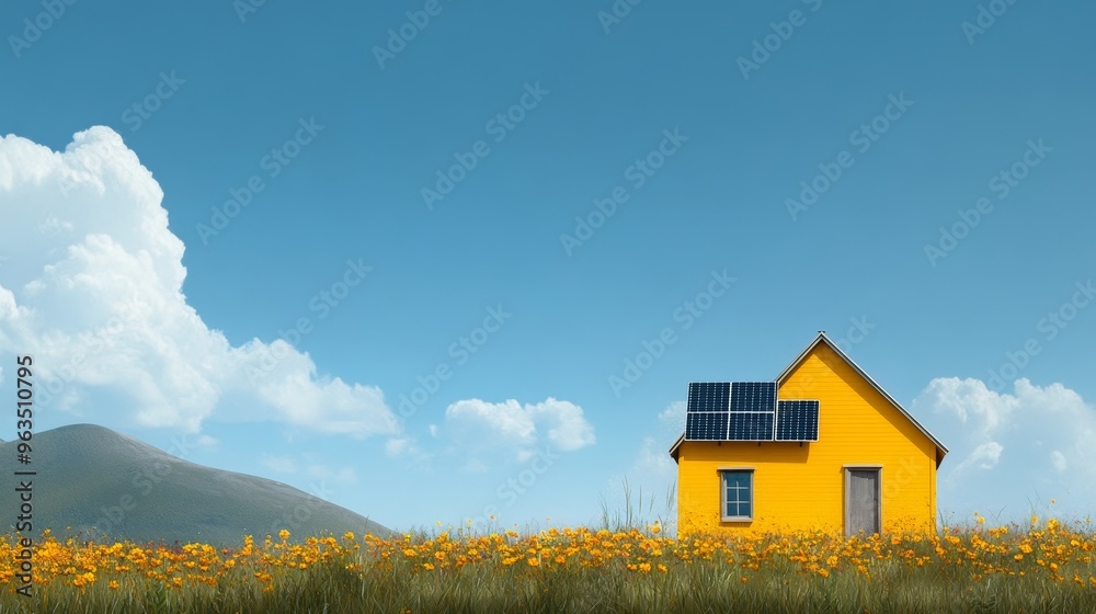 A charming yellow house with solar panels on the roof sits peacefully in a field of wildflowers, representing sustainable living, energy efficiency, and harmony with nature. A charming yellow house with solar panels on the roof sits peacefully in a field of wildflowers, representing sustainable living, energy efficiency, and harmony with nature.