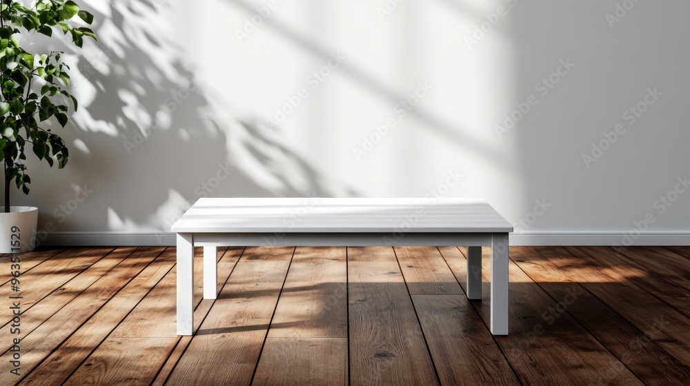 A clean and modern aesthetic, the image features a simple white table with a smooth wooden floor and a white wall as the backdrop. The sunlight streaming in creates a soft, warm glow, highlighting the A clean and modern aesthetic, the image features a simple white table with a smooth wooden floor and a white wall as the backdrop. The sunlight streaming in creates a soft, warm glow, highlighting the