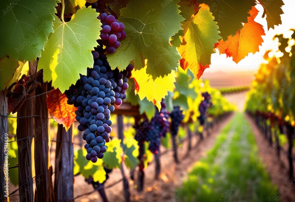 Fototapeta premium lush grape vines overflowing ripe grapes under soft glow dusk light picturesque vineyard landscape, grapevine, nature, fruit, harvest, leaves, green, clusters