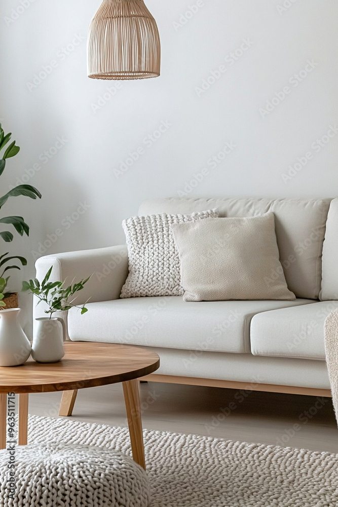 Naklejka premium Minimalist, modern japandi interiors in the living room with sofas and wooden tables. Generative AI 