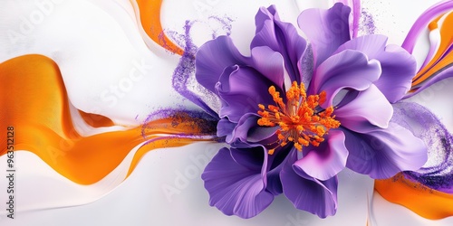 3D Purple and Orange Flower with Flowing Abstract Elements on a White Background. AI generated illustration photo