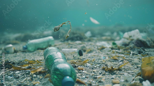 Plastic Water Bottles and Bags Floating in Ocean, Micro plastics on Polluted Beach, Environmental Pollution Concept photo