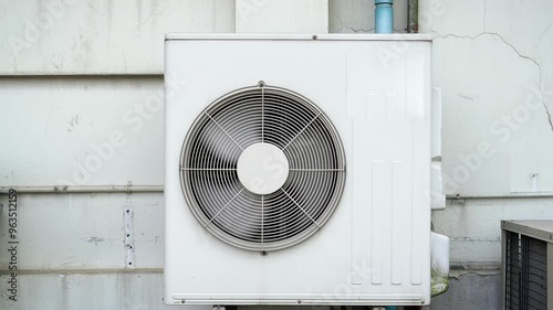 A condensing unit air conditions was running by the fan was moving on the wall of the building, short footage.