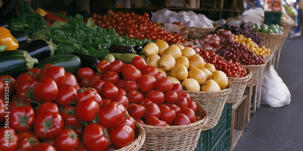 A vibrant farmer's market stall displaying a colourful array of British produce, fruits and vegetables A vibrant farmer's market stall displaying a colourful array of British produce, fruits and vegetables