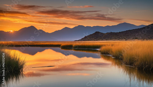 beautiful sunset over the lake and mountains