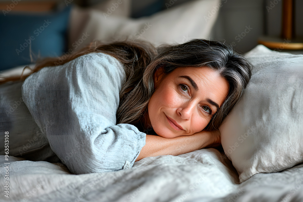 Middle aged woman lying on her side, on a bed, light colors and modern room. Middle aged woman lying on her side, on a bed, light colors and modern room.