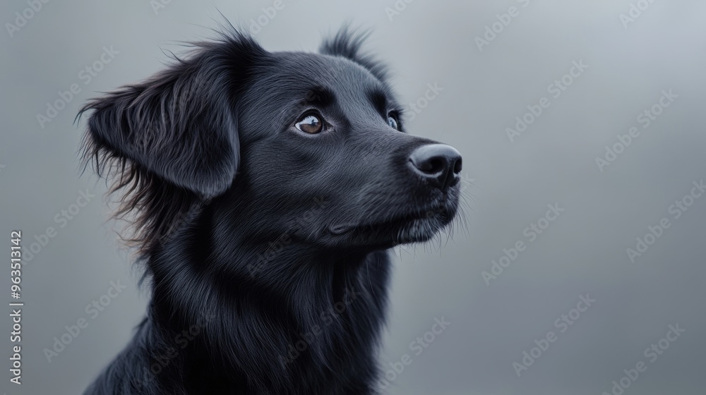 A close-up portrait of a black dog with fluffy fur, gazing upwards with a curious and endearing expression. The dog's soft, dark eyes and delicate features convey a sense of innocence and love. The im A close-up portrait of a black dog with fluffy fur, gazing upwards with a curious and endearing expression. The dog's soft, dark eyes and delicate features convey a sense of innocence and love. The im
