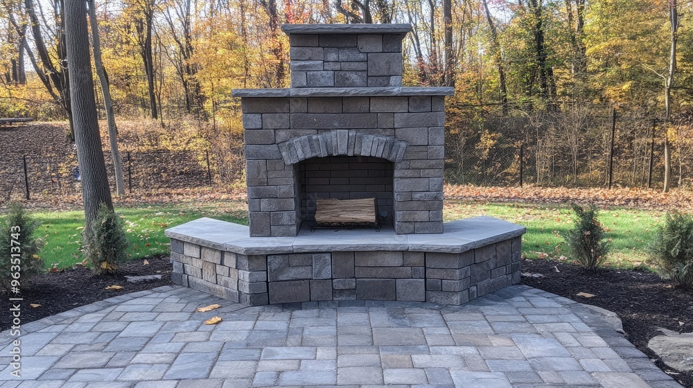 Fototapeta premium Stone Fireplace with Log in a Fall Forest Setting