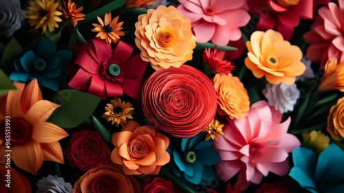 A close-up shot of a colorful bouquet of paper flowers, showcasing intricate details and delicate textures. The flowers symbolize creativity, artistry, and the beauty of nature.