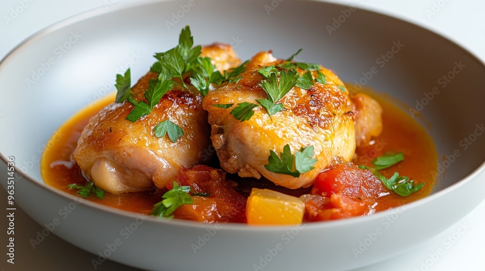 A close-up shot of a serving of Poulet Basquaise, a traditional French dish featuring tender chicken simmered in a rich tomato sauce with vegetables. The dish is presented in a white bowl, garnished w A close-up shot of a serving of Poulet Basquaise, a traditional French dish featuring tender chicken simmered in a rich tomato sauce with vegetables. The dish is presented in a white bowl, garnished w