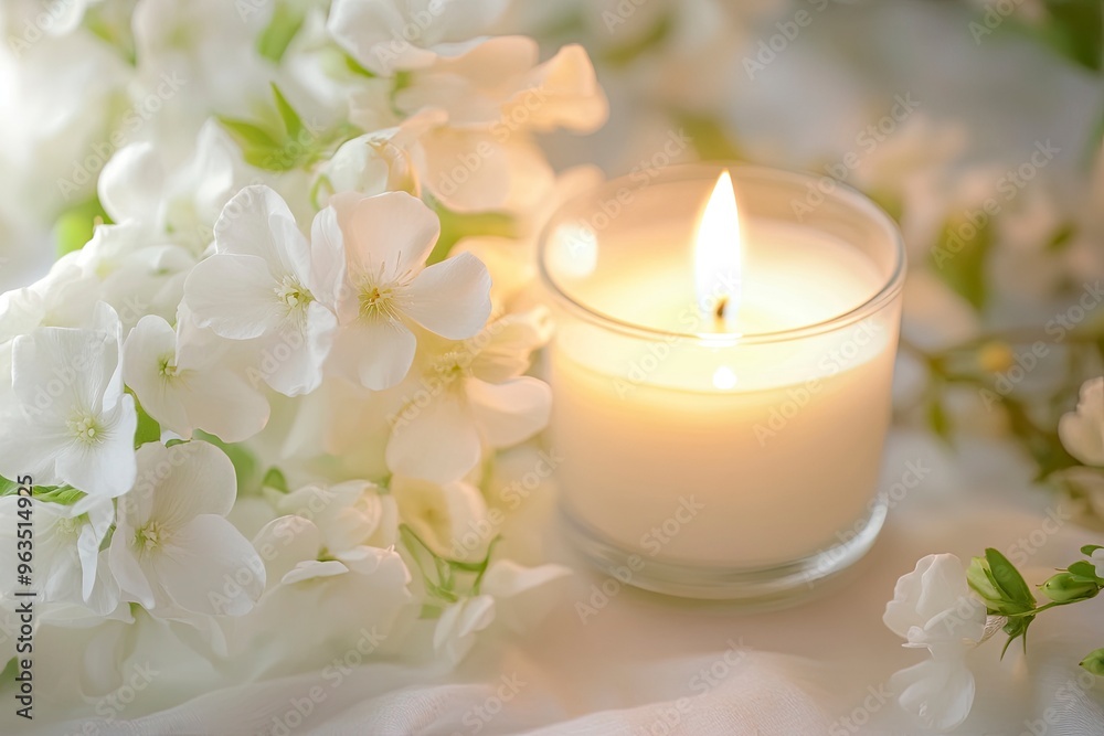 Candle and white flowers .generative ai Candle and white flowers .generative ai