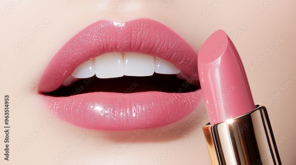 Obraz premium A close-up shot of a woman's lips wearing a pink lipstick. The lipstick is applied with precision, creating a smooth and even finish. The lips have a dewy sheen, giving them a healthy and hydrated loo