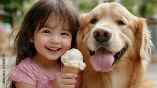 A little girl with ice cream and a dog eating an ice cream cone, AI photo