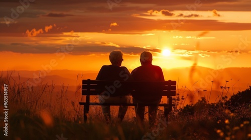 Silhouetted Couple on a Bench Watching the Sunset