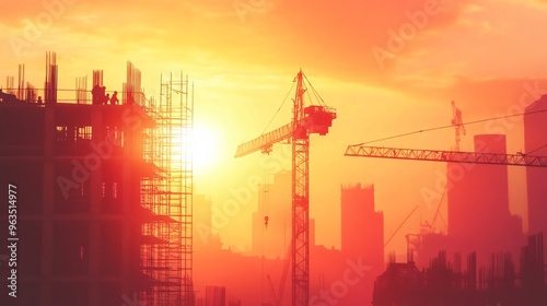 Labor Day background with a construction site in the foreground: cranes, scaffolding and workers, with the rising sun in the background