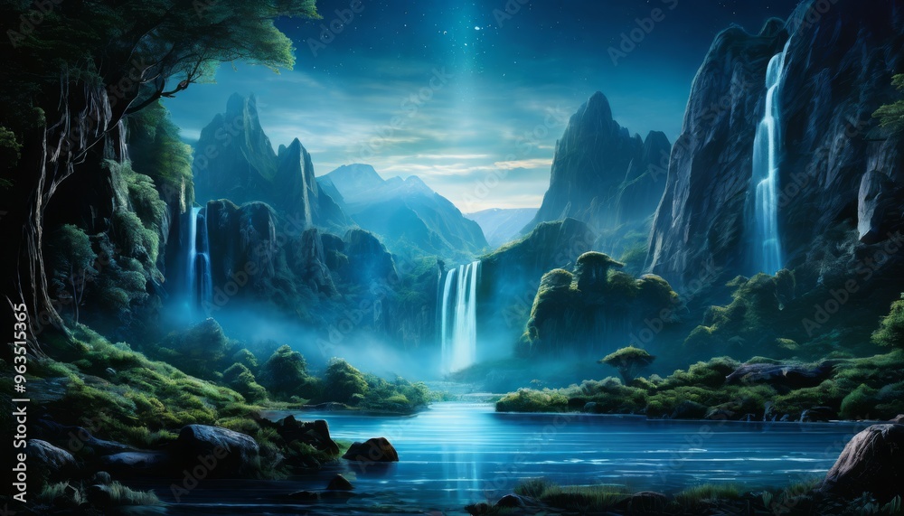 A breathtaking fantasy landscape featuring cascading waterfalls, lush greenery, and a serene river under a star-studded night sky, evoking a sense of mystery and wonder.. AI Generation