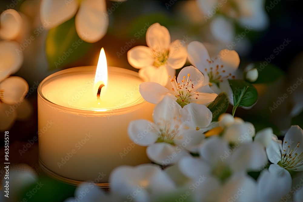 Candle and white flowers .generative ai Candle and white flowers .generative ai
