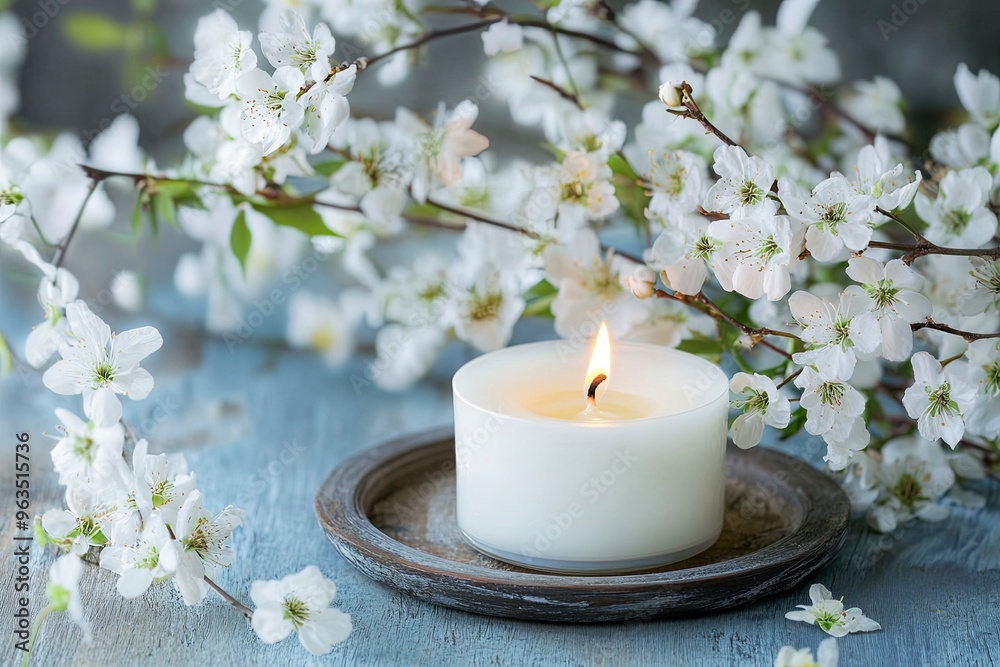 Candle and white flowers .generative ai Candle and white flowers .generative ai