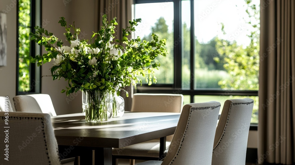 Fototapeta premium A contemporary dining room features a sleek wooden table with upholstered chairs, set against a backdrop of large windows that flood the space with natural light. A lush arrangement of greenery adds a