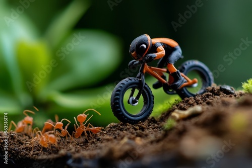 Ant on a miniature bike, racing through a bustling anthill with precision and speed, navigating tight corners like a pro photo