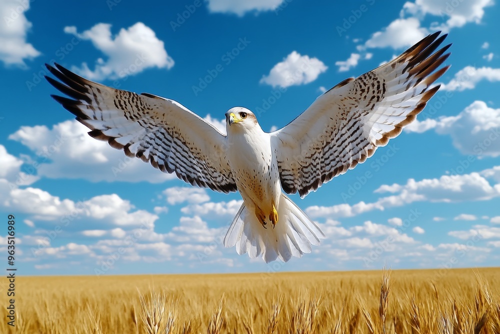 Bird circling in the sky, scanning the ground below as it searches for a place to land in the open fields Bird circling in the sky, scanning the ground below as it searches for a place to land in the open fields