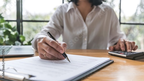 Businesswoman Signing Documents with Calculator on Desk