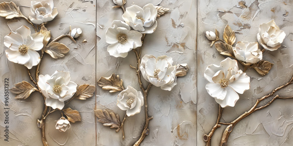 3D Floral Wall Art Panels with White Flowers and Gold Accents. AI generated illustration 3D Floral Wall Art Panels with White Flowers and Gold Accents. AI generated illustration