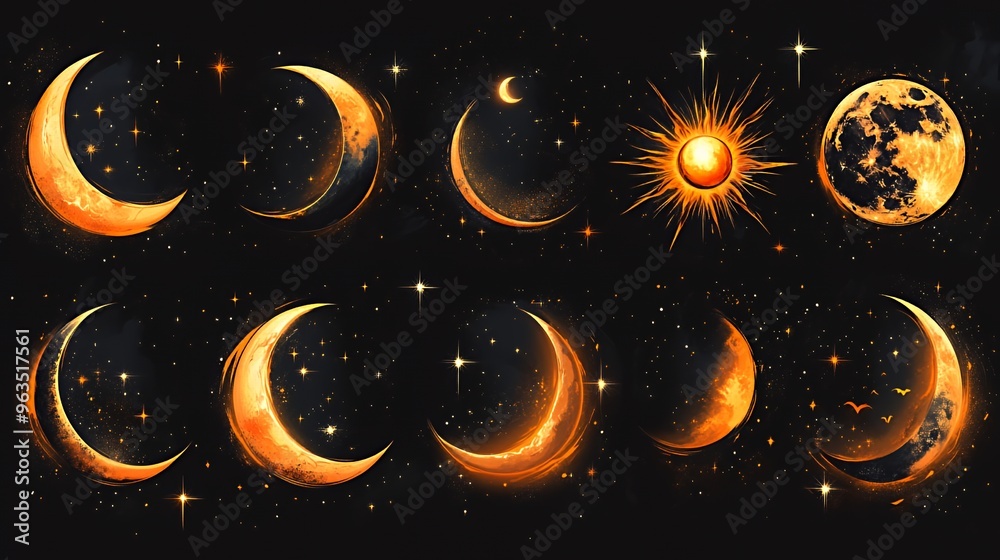 A vibrant illustration of the sun, moon, and stars in the night sky. A vibrant illustration of the sun, moon, and stars in the night sky.