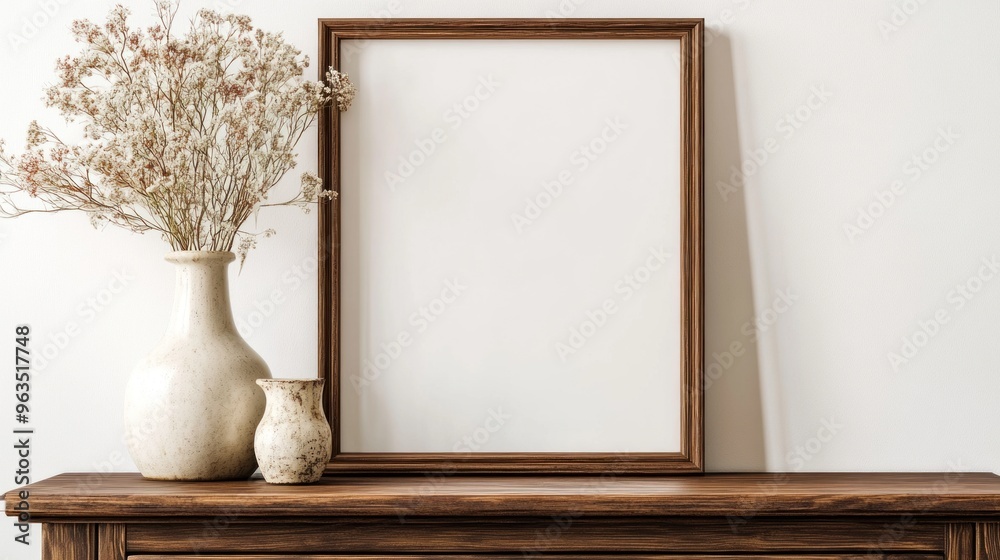 Blank Frame with Dried Flowers on Wooden Table Blank Frame with Dried Flowers on Wooden Table