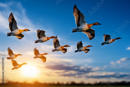 Bird flying in formation with its flock, moving in perfect unison as they migrate across vast distances, a powerful display of unity and strength