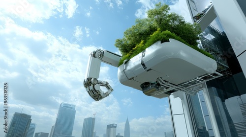 A futuristic city skyline with a focus on sustainable design, showcasing high-rise buildings with integrated green gardens. This image symbolizes the concept of urban renewal, environmental consciousn photo