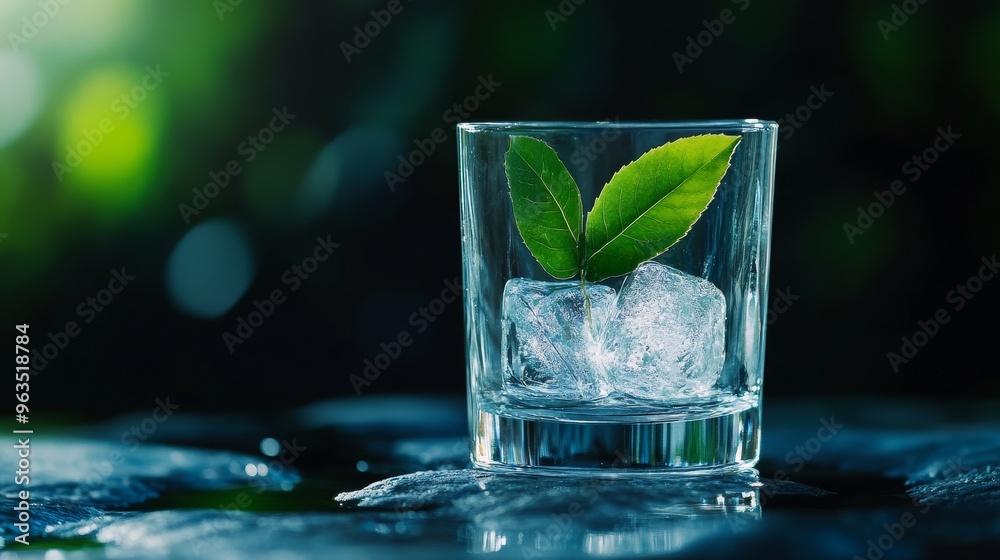 A glass filled with ice cubes and a single green leaf, symbolizing purity, nature, refreshment, tranquility, and rejuvenation. A glass filled with ice cubes and a single green leaf, symbolizing purity, nature, refreshment, tranquility, and rejuvenation.