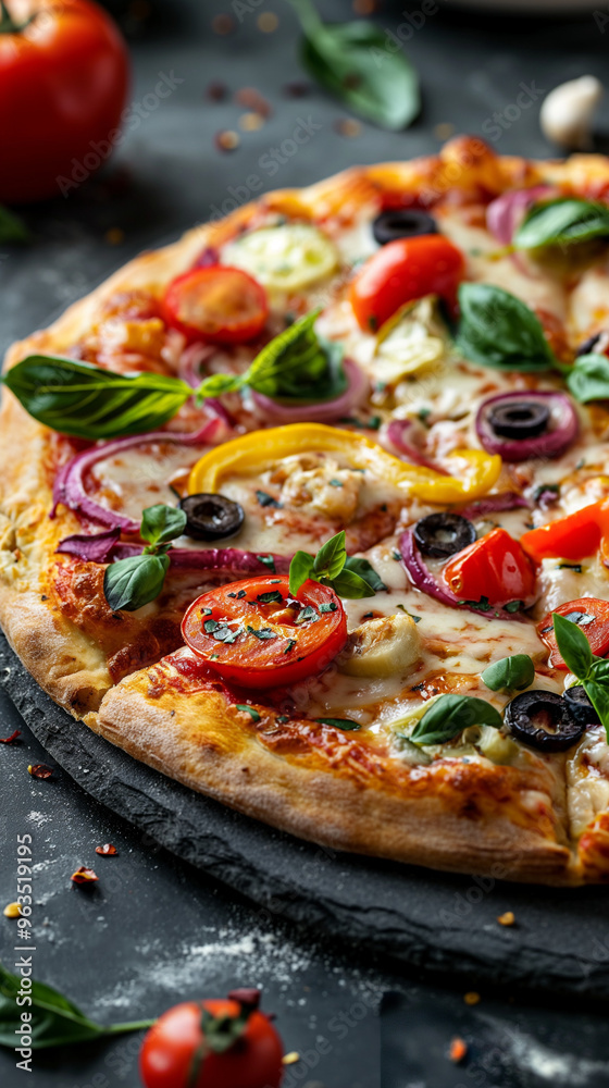 A vegan pizza with mushrooms and fresh herbs, concept vegan recipes, plant-based cooking, healthy eating, meatless options. World vegetarian day A vegan pizza with mushrooms and fresh herbs, concept vegan recipes, plant-based cooking, healthy eating, meatless options. World vegetarian day